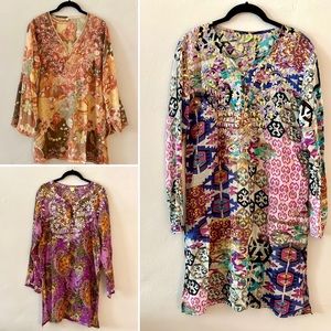 RAJ India Cotton Embroidered Blue Purple Green Multicolor Tunic Sz XL | LOT OF 3